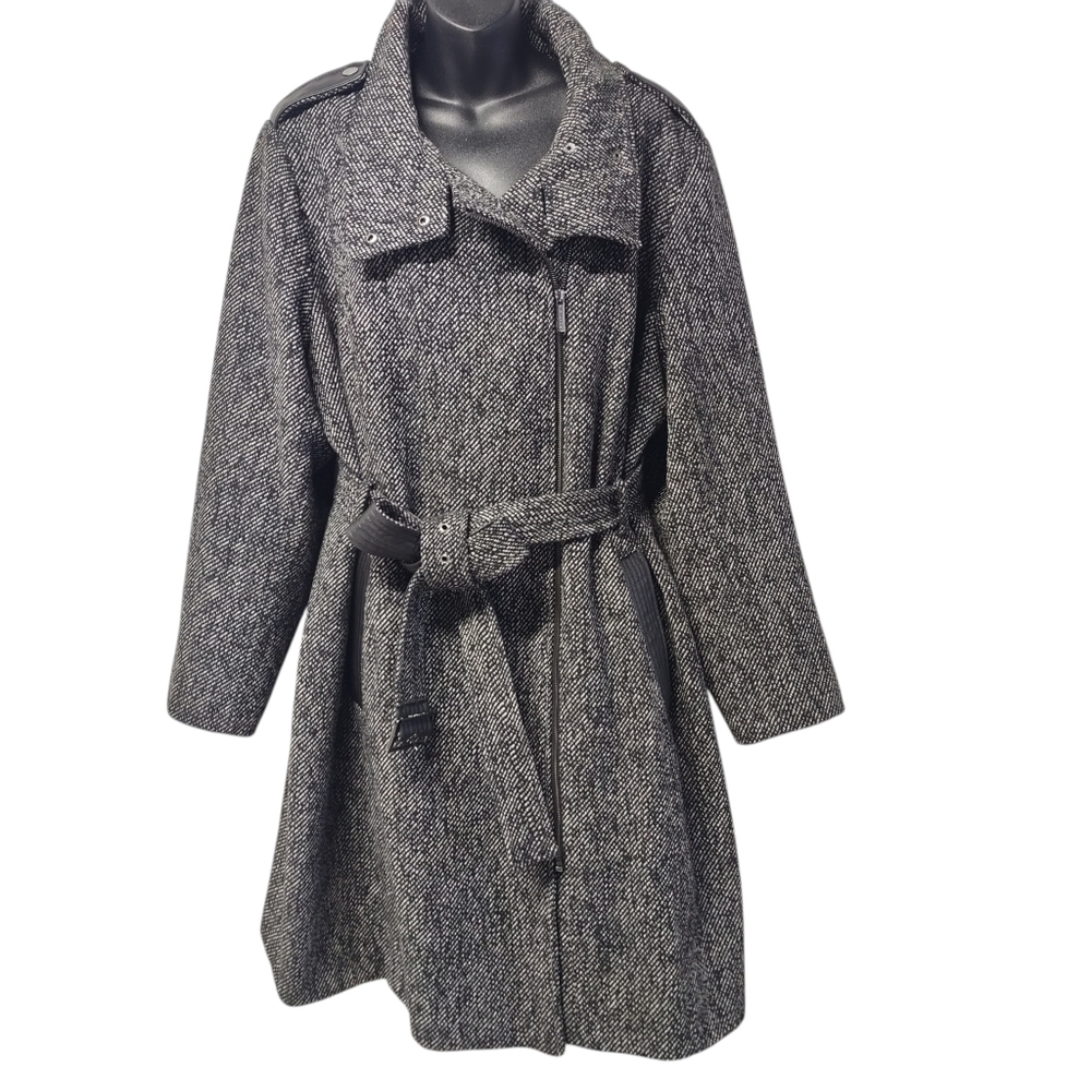 Michael Kors Women's Herringbone Wool Blend Pea Coat Gray Black Belt Size XXL